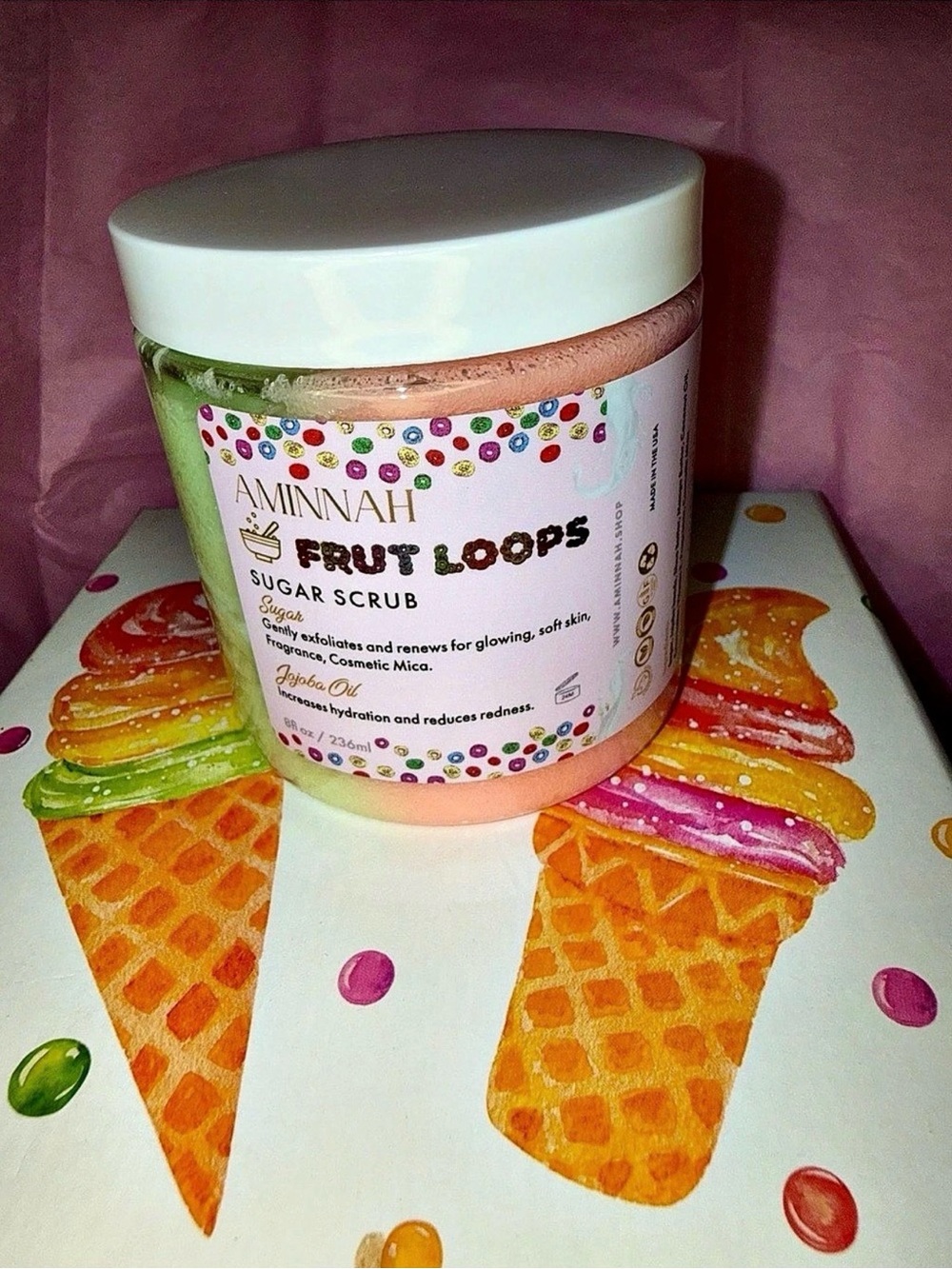 Aminnah Fruit Loops Sugar Scrub — Pink & Green Exfoliant